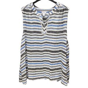 Liz Claiborne Womens 4X Linen Blend Top Shirt Blue Striped Sleeveless Casual New